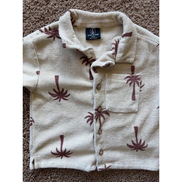 Volcom Beige Brown Tropical Palm Hawaiian Terry Cloth Button Up Shirt Boy 24M - Picture 3 of 12